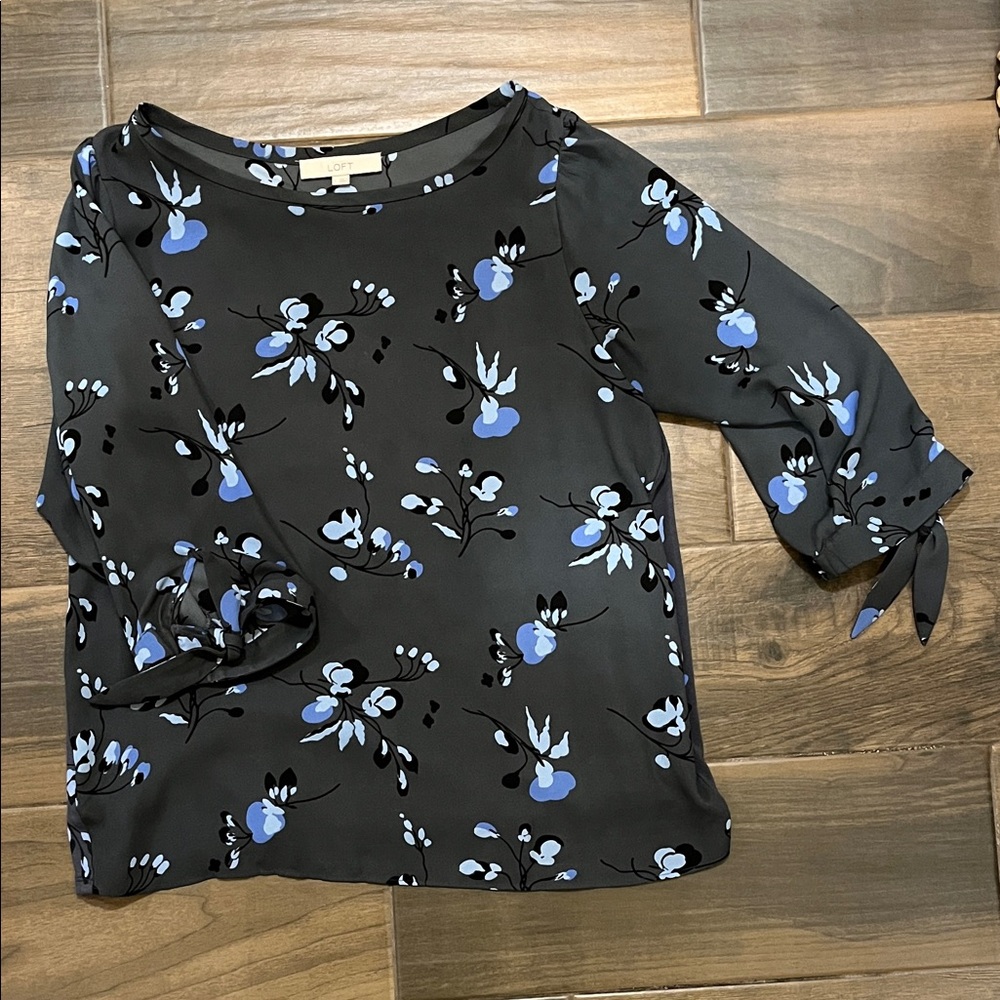 LOFT Grey and Blue Floral Blouse